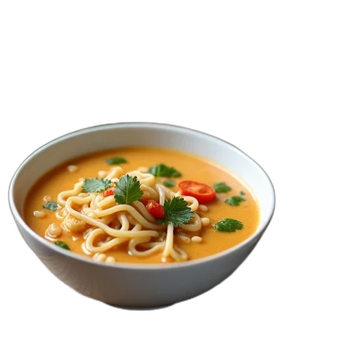 food, 3d render, photorealistic, bowl, creamy, soup, noodles, vegetables transparent PNG cut-out