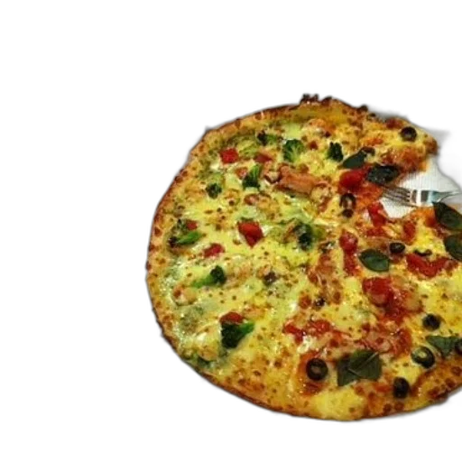 food, 3d render, photorealistic, pizza, cheese, olives, tomatoes, basil transparent PNG cut-out