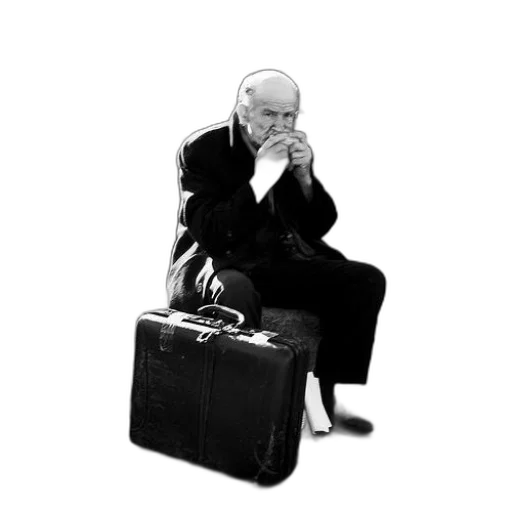staff, jacket, man, sits, steps, briefcase, next, him transparent PNG cut-out