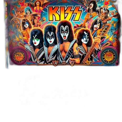 kiss-themed, pinball, machine, vibrant, backdrop, band, members, lit transparent PNG cut-out