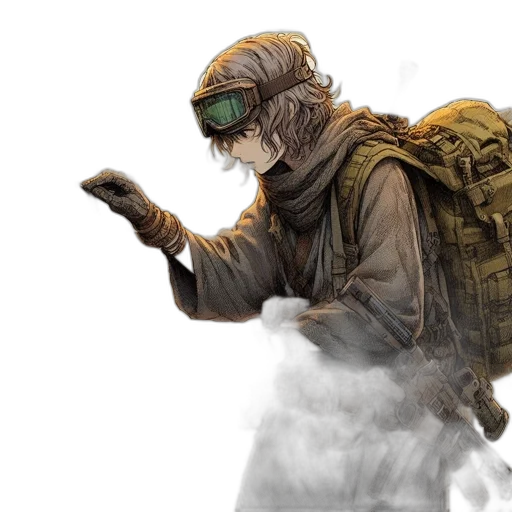 jacket, mask, weapon, creature, concept art, fantasy art, watercolor, comic book art transparent PNG cut-out