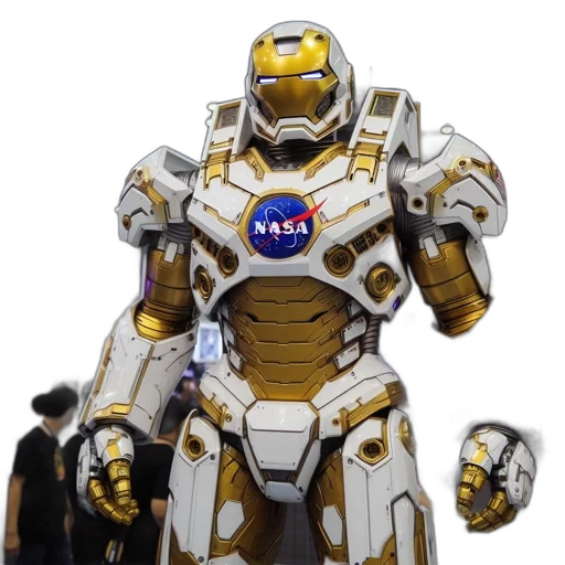 robot, weapon, concept art, 3d render, outer space, golden, impressive, lifelike transparent PNG cut-out