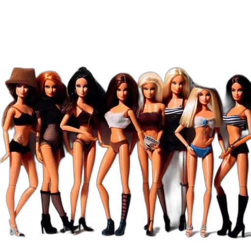 concept art, group, elaborately, attired, dolls, pose, together, against transparent PNG cut-out