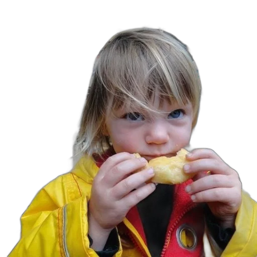 jacket, food, face, staff, photorealistic, child, yellow, eats transparent PNG cut-out