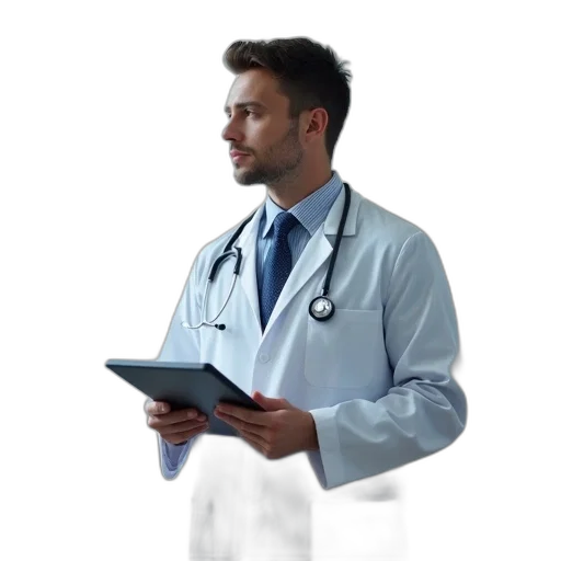 staff, concept art, doctor, white, coat, holding, tablet, stethoscope transparent PNG cut-out