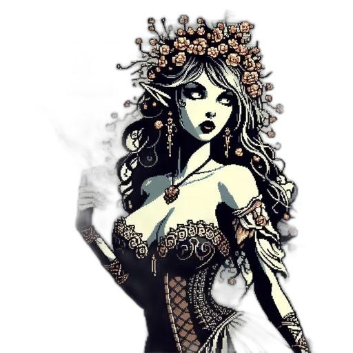 dress, crown, jewelry, fantasy art, comic book art, concept art, pixel art, monochrome transparent PNG cut-out