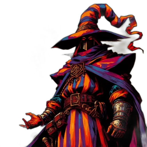 staff, mask, hat, concept art, fantasy art, pixel art, dark, colorful transparent PNG cut-out