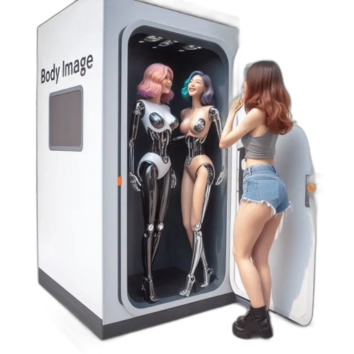 robot, dress, concept art, cyberpunk, 3d render, outer space, outdoor, booth transparent PNG cut-out