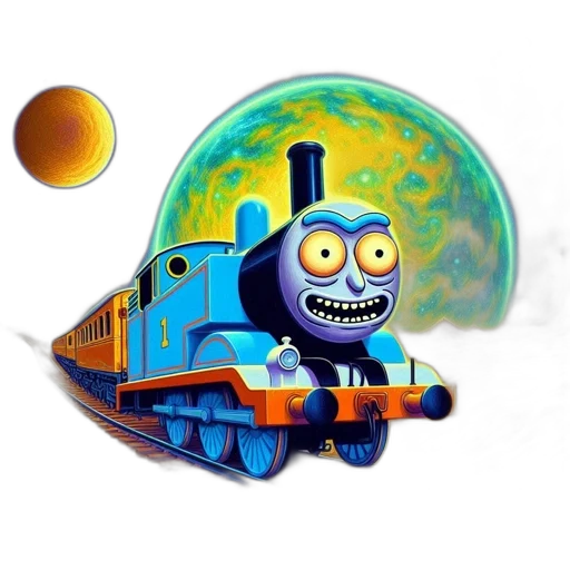 concept art, 3d render, cartoon, photorealistic, outer space, blue, train, face transparent PNG cut-out