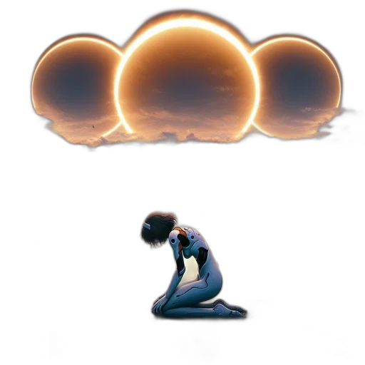 concept art, 3d render, outer space, fog, humanoid, figure, kneels, beach transparent PNG cut-out