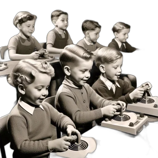 concept art, 3d render, children, bygone, era, play, electronic, devices transparent PNG cut-out