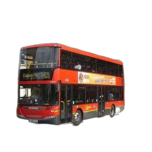 photorealistic, 3d render, red, double-decker, bus, parked, street, front transparent PNG cut-out