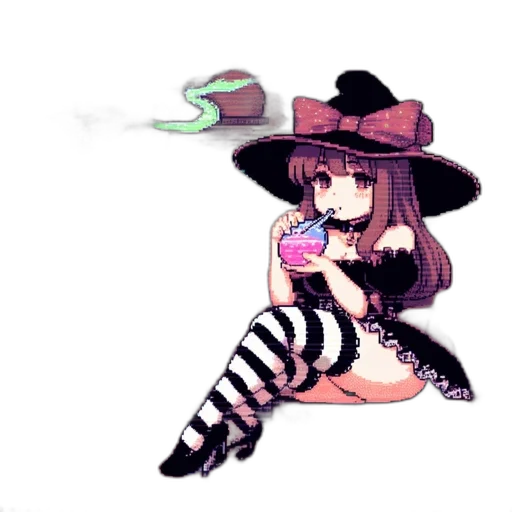 hat, staff, dress, weapon, pixel art, concept art, fantasy art, vaporwave transparent PNG cut-out