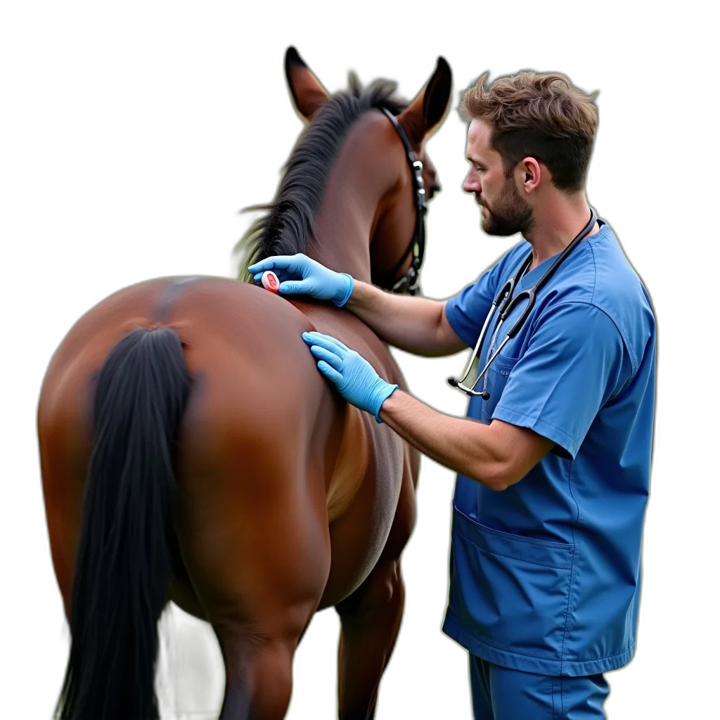 staff, photorealistic, veterinarian, blue, scrub, examining, brown, horse transparent PNG cut-out