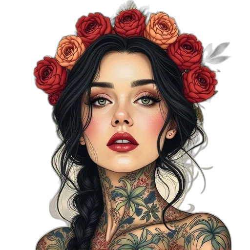dress, flower, face, crown, photorealistic, fantasy art, watercolor, comic book art transparent PNG cut-out
