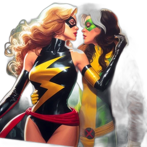 comic book art, concept art, neon lights, two, female, superheroes, one, blonde transparent PNG cut-out