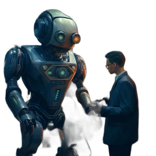 robot, concept art, 3d render, cyberpunk, outer space, futuristic, workshop, tall transparent PNG cut-out