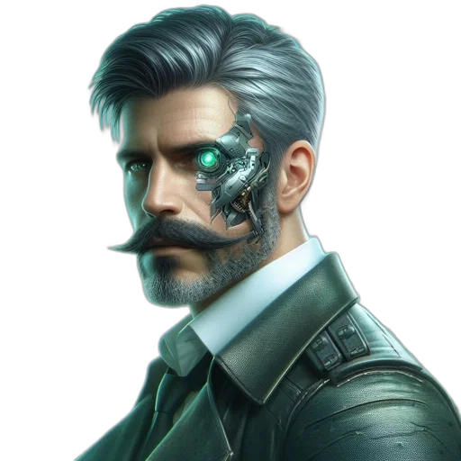 mask, face, robot, staff, cyberpunk, concept art, fantasy art, comic book art transparent PNG cut-out