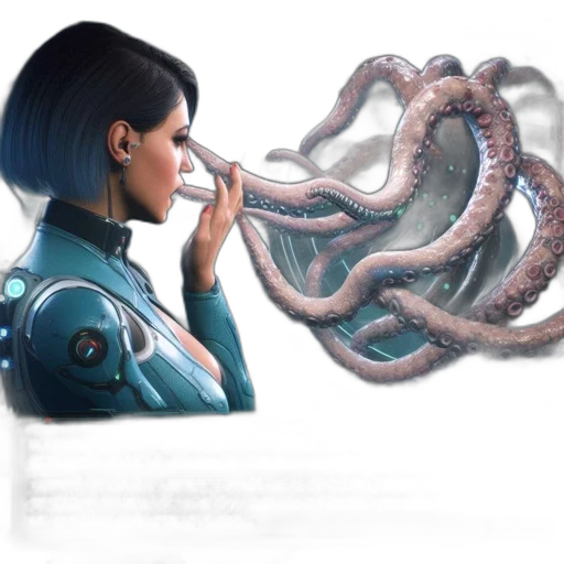 creature, robot, hair, concept art, cyberpunk, fantasy art, 3d render, outer space transparent PNG cut-out