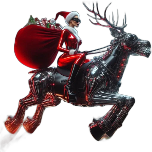 3d render, concept art, photorealistic, futuristic, santa, rides, metallic, reindeer transparent PNG cut-out