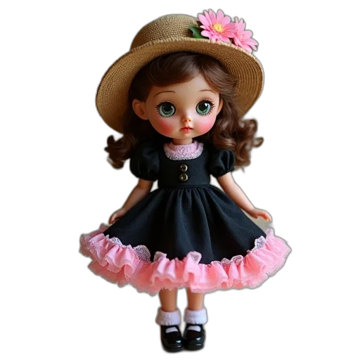 dress, hat, 3d render, photorealistic, vintage-style, doll, straw, adorned transparent PNG cut-out