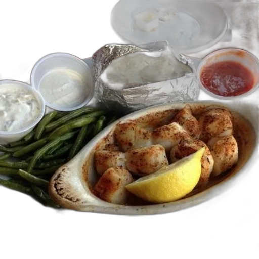 food, plate, green, beans, scallops, baked, potato, dipping transparent PNG cut-out