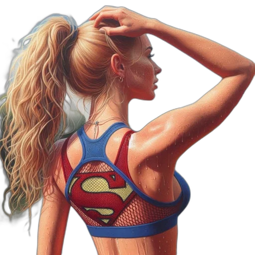 comic book art, watercolor, oil painting, photorealistic, woman, superman-themed, sports, bra transparent PNG cut-out