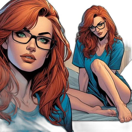 comic book art, concept art, cartoon, neon lights, illustration, woman, red, hair transparent PNG cut-out