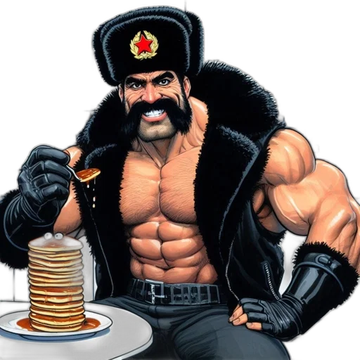 jacket, food, concept art, comic book art, pixel art, muscular, man, red transparent PNG cut-out