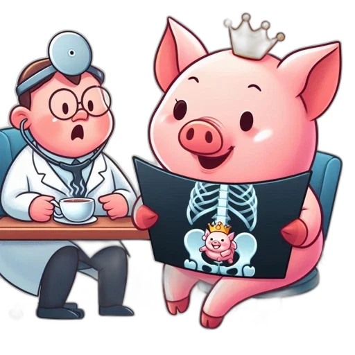 crown, concept art, cartoon, comical, twist, pig, holds, x-ray transparent PNG cut-out