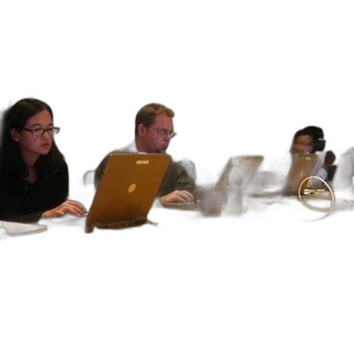 staff, 3d render, group, people, sitting, conference, table, laptops transparent PNG cut-out