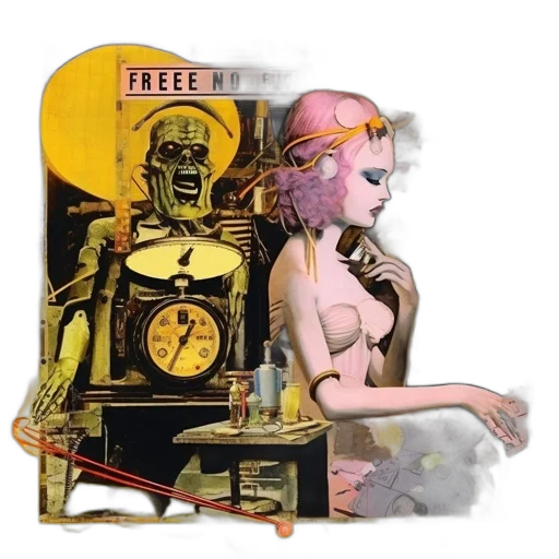 robot, furniture, jewelry, concept art, comic book art, cyberpunk, collage, skeletal transparent PNG cut-out