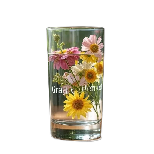 bottle, flower, photorealistic, clear, glass, filled, water, floating transparent PNG cut-out