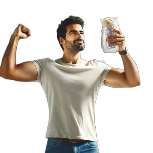 food, concept art, 3d render, man, kitchen, flexes, steaming, burrito transparent PNG cut-out