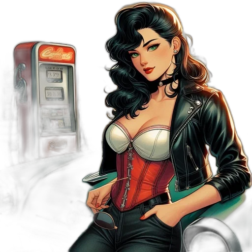 comic book art, concept art, cartoon, fantasy art, neon lights, red, woman, green transparent PNG cut-out
