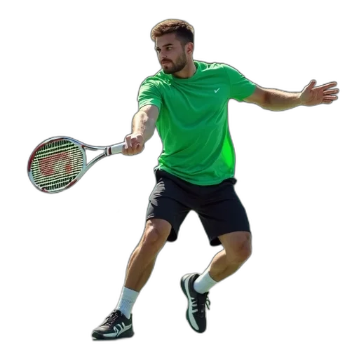 young, man, green, shirt, black, shorts, playing, tennis transparent PNG cut-out