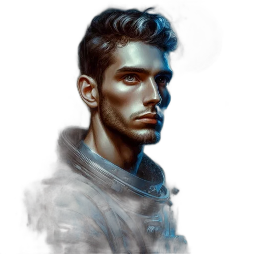 face, jacket, staff, fantasy art, concept art, photorealistic, cyberpunk, neon lights transparent PNG cut-out
