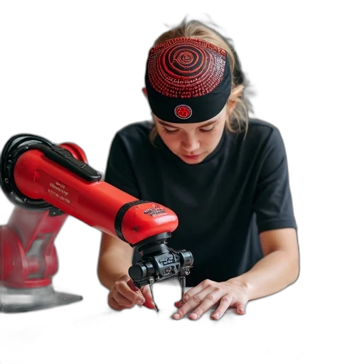 robot, weapon, staff, person, wearing, headband, red, black transparent PNG cut-out