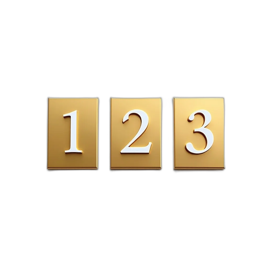 3d render, golden, three, identical, rectangular, plaques, number, 123 transparent PNG cut-out