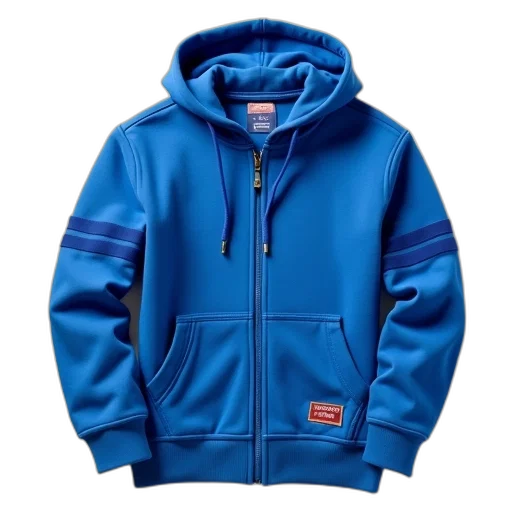 jacket, blue, hoodie, front, zipper, tag, upper, left transparent PNG cut-out