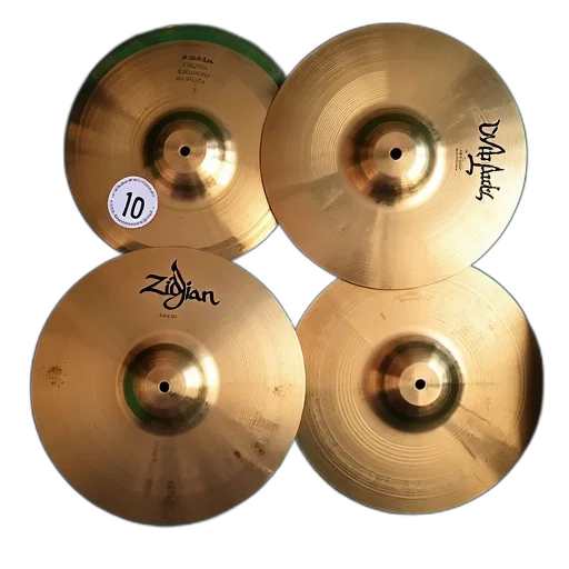 set, four, zildjian, cymbals, displayed, green, cloth, arranged transparent PNG cut-out