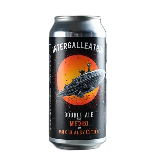 bottle, can, beer, label, featuring, stylized, illustration, spacecraft transparent PNG cut-out