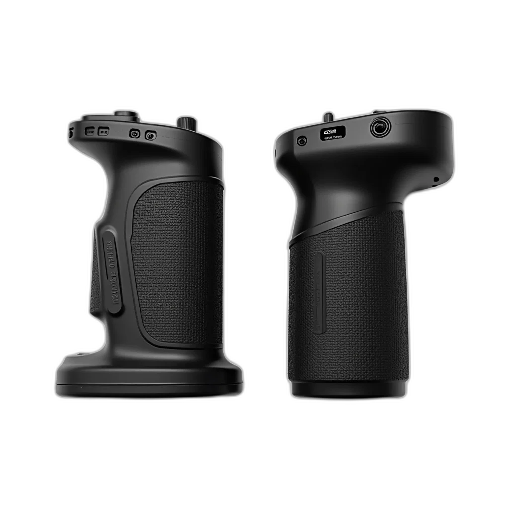 weapon, 3d render, pair, black, plastic, grips, camera, left transparent PNG cut-out