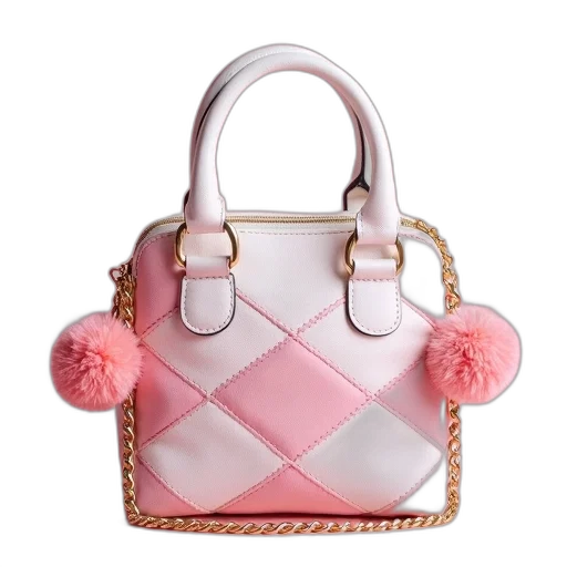 pastel, pink, white, geometric, patterned, handbag, fluffy, pom-poms transparent PNG cut-out