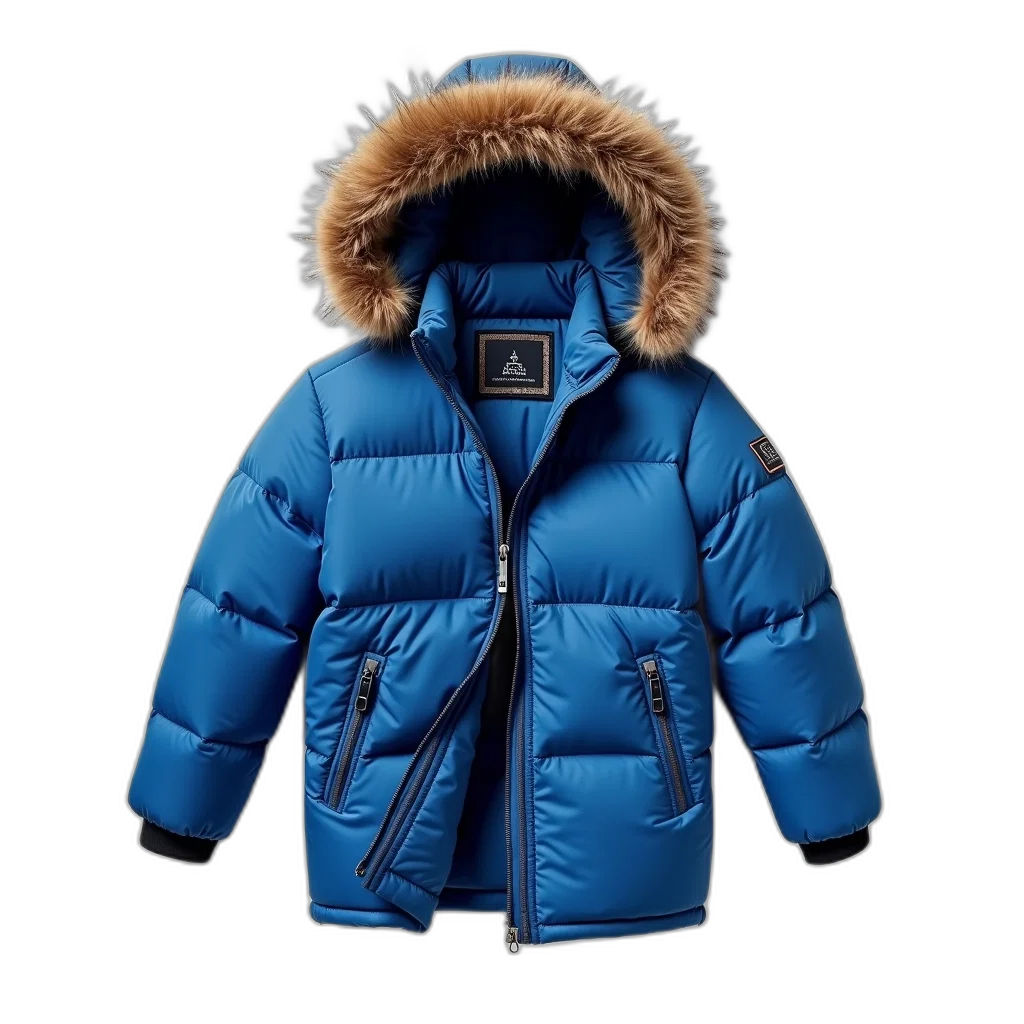 jacket, blue, winter, fur-lined, hood, displayed, against, white transparent PNG cut-out