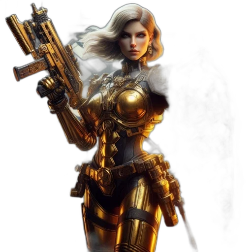 weapon, concept art, fantasy art, comic book art, 3d render, golden, blonde-haired, female transparent PNG cut-out