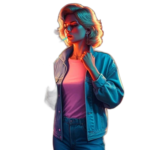 jacket, face, staff, robot, vaporwave, concept art, 3d render, pixel art transparent PNG cut-out