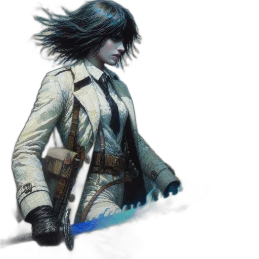 jacket, sword, weapon, concept art, cyberpunk, comic book art, fantasy art, blue transparent PNG cut-out
