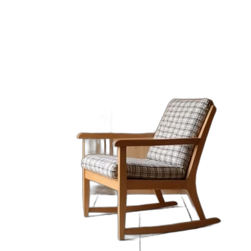 furniture, 3d render, photorealistic, wooden, chair, checkered, cushion, placed transparent PNG cut-out