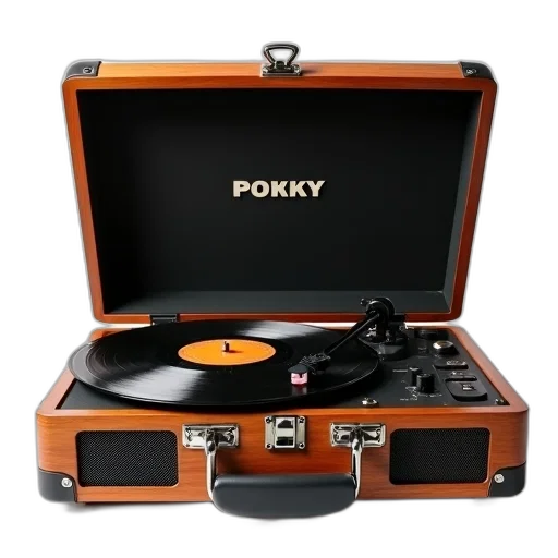 vintage-style, record, player, wooden, exterior, black, lid, displayed transparent PNG cut-out